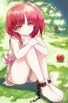  ankle_cuffs apple bare_legs barefoot blush chain cuffs dress feet food fruit full_body grass highres leg_hug looking_at_viewer magi_the_labyrinth_of_magic morgiana nature one_side_up peacemaker777 red_eyes red_hair sitting solo torn_clothes 