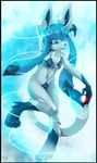  blue_eyes blue_hair blue_theme breasts chest_tuft clothed clothing eeveelution female fur glaceon hair looking_at_viewer luminall nintendo pok&#233;mon pok&eacute;mon skimpy sling_bikini solo swimsuit tight_clothing tuft video_games 