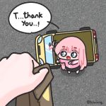  1girl bag blue_eyes bocchi_the_rock! chibi drive-thru english_text from_above full_body gotoh_hitori hair_ornament hair_wagging highres holding holding_bag long_hair looking_at_viewer lulalang one_side_up open_mouth paper_bag pink_hair pov pov_hands solo_focus speech_bubble standing talking toy_car twitter_username 