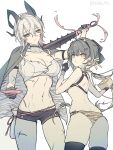  2girls abs alternate_costume animal_print antenna_hair back bikini black_choker black_gloves black_hair black_horns black_shorts breasts choker closed_mouth collarbone commentary_request cup curled_horns earrings eating female_rover_(wuthering_waves) gloves hair_between_eyes hair_ornament hair_ribbon hairclip highres holding holding_cup horns jewelry key_earrings long_hair looking_at_viewer low_ponytail medium_breasts mole mole_on_breast mole_under_eye multicolored_hair multiple_girls mutii navel parallel_hairclips ponytail red_eyes ribbon rover_(wuthering_waves) sakazuki scar short_shorts shorts stomach streaked_hair swimsuit thighs tiger_print toned toned_female triangle_earrings wuthering_waves yellow_eyes yellow_ribbon zani_(wuthering_waves) 