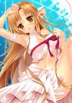  :d arm_up asuna_(sao) bare_shoulders blush breasts brown_eyes brown_hair chain cleavage cleavage_cutout ear_covers elf large_breasts leg_up long_hair looking_at_viewer looking_back midriff minatsuki_alumi navel open_mouth pointy_ears ribbon shiny shiny_skin smile solo sword_art_online titania_(sao) 