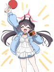  1girl alternate_costume arm_up bare_legs black_hair blue_archive blue_jacket camera chiaki_(blue_archive) closed_eyes commentary_request dress halo highres horns index_finger_raised jacket kagera paddle shorts simple_background solo table_tennis_paddle white_background white_dress 