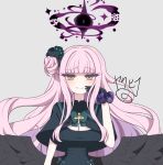  1girl alternate_color angel_wings artist_name black_capelet black_dress black_gloves black_halo black_scrunchie black_wings blue_archive blunt_bangs bow bowtie breasts brooch capelet cleavage commentary_request cross cross_brooch dark_persona dress evil_grin evil_smile fallen_angel feathered_wings gloves green_bow green_bowtie green_ribbon grey_background grin hair_bun hair_ornament hair_scrunchie halo hand_up jewelry jitome large_breasts light_blush long_hair long_sidelocks mika_(blue_archive) mizukagi_yakuhina multicolored_halo narrow_waist original_terror_(blue_archive) pink_hair purple_halo purple_scrunchie raised_eyebrows ribbon scrunchie side_up_bun sidelocks simple_background single_side_bun smile smirk solo straight-on two-tone_halo upper_body waist_ribbon wings wrist_scrunchie yellow_eyes 