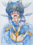  blue_eyes blue_hair blush bow cirno dress foreshortening hair_bow highres ice ice_wings nichibotsu_(kitaziman) open_mouth pee peeing peeing_self puffy_sleeves ribbon short_hair short_sleeves sitting solo tears touhou traditional_media v_arms wings 