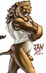  anthro biceps clothing feline flaccid jiandou lion looking_at_viewer male mammal muscles penis plain_background pubes shirt shirt_lift solo tank_top teasing toned uncut undressing white_background 
