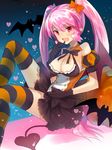  bat breasts cleavage demon_girl demon_tail fang gloves halloween hayama_eishi heart large_breasts long_hair open_mouth original pink_hair pumpkin smile solo striped striped_legwear tail thighhighs twintails very_long_hair 