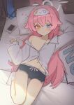  1girl absurdres ahoge alternate_costume black_shorts blue_archive blue_eyes cellphone collarbone commentary dolphin_shorts flat_chest halo heterochromia high_(hgih) highres hoshino_(blue_archive) long_hair long_sleeves looking_at_viewer lying navel on_back orange_eyes parted_lips phone pillow pink_hair pink_halo puffy_long_sleeves puffy_sleeves shirt short_shorts shorts single_bare_shoulder socks solo white_socks yes-no_pillow 