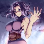  1girl bare_arms boku_no_hero_academia breasts closed_mouth cloud commentary curtained_hair dilan_griz dress english_commentary hand_up highres lady_nagant large_breasts looking_at_viewer multicolored_hair outdoors overcast purple_dress purple_eyes purple_hair rain serious short_hair sky sleeveless sleeveless_dress sleeveless_turtleneck solo streaked_hair tight_clothes tight_dress turtleneck turtleneck_dress upper_body 