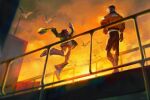  2boys against_railing arm_up bag bird black_hair blazer bomber_jacket bridge brown_hair disco_elysium from_below full_body glasses gloves green_jacket harry_du_bois hashtag-only_commentary holding holding_bag jacket jumping kim_kitsuragi male_focus multiple_boys orange_gloves orange_jacket outdoors railing shirt short_hair standing sunrise uni_barti white_shirt 