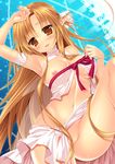  :d arm_up armpits asuna_(sao) bare_shoulders blush breasts brown_eyes brown_hair chain ear_covers elf large_breasts leg_up long_hair looking_at_viewer looking_back minatsuki_alumi nipples no_panties open_mouth parted_lips pointy_ears ribbon shiny shiny_skin smile solo sword_art_online titania_(sao) 