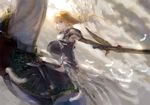  armor armpits artoria_pendragon_(all) blonde_hair blue_eyes braid cloud cosplay fate_(series) feathers final_fantasy final_fantasy_xiii final_fantasy_xiii-2 lightning_farron lightning_farron_(cosplay) saber shield single_braid sky smile solo sunlight sword weapon yunohara_konomi 