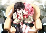  ;d akemi_homura black_hair black_legwear blue_eyes bow checkered checkered_floor couch feathers from_above hairband highres holding_hands kaname_madoka long_hair mahou_shoujo_madoka_magica multiple_girls one_eye_closed open_mouth pantyhose pink_eyes pink_hair school_uniform sitting skirt smile tsukumo twintails yuri 
