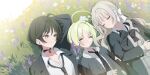  3girls :3 ahoge arm_behind_head blue_archive bow bowtie braid breasts choker choppy_bangs cleavage closed_eyes closed_mouth collared_shirt commentary diagonal-striped_bow diagonal-striped_bowtie diagonal-striped_clothes diagonal-striped_necktie ear_piercing frown fuyu_(blue_archive) grass green_bow green_bowtie green_choker green_eyes green_hair green_halo green_jacket green_necktie grey_hair grey_skirt hair_bow hair_ribbon halo highres huge_ahoge jacket kaerunrun large_breasts letterman_jacket long_hair long_sleeves loose_bowtie loose_necktie lying miyo_(blue_archive) mole mole_under_eye multiple_girls necktie nose_bubble on_back on_ground open_clothes open_collar open_jacket piercing plaid_clothes plaid_skirt print_jacket puffy_long_sleeves puffy_sleeves ribbon ribbon_braid ritsu_(blue_archive) school_uniform shirt short_hair sidelighting skirt sleeping smile star_(symbol) star_print striped_bow striped_bowtie striped_clothes striped_necktie sunburst sunlight sweatdrop unbuttoned unbuttoned_shirt upper_body wavy_hair white_bow white_shirt 