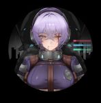  1girl arc2urus armor beyond_citadel blood blood_from_eyes blood_from_mouth border breasts closed_mouth commentary dark_background hair_between_eyes headset health_bar highres injury large_breasts looking_at_viewer martyr_(the_citadel) one_eye_closed purple_eyes purple_hair round_border short_hair solo the_citadel 