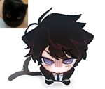  1boy akinashi_haru animal_ears black_hair black_jacket black_shoes blue_eyes blue_necktie cat_boy cat_ears cat_tail collared_shirt commentary english_commentary from_above gloom_(expression) hair_between_eyes jacket kemonomimi_mode long_sleeves looking_at_viewer male_focus necktie open_clothes open_jacket photo-referenced saihate_eki shadow shirt shoes simple_background solo suit_jacket tail tosteurmori white_background white_shirt 