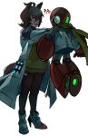  1boy 1girl absurdres agnes_tachyon_(tach-nology)_(umamusume) agnes_tachyon_(umamusume) ahoge android animal_ears arm_cannon assault_visor belt black_pantyhose black_shirt bodysuit boots brown_hair collared_shirt commentary commission crossover danyhu16 english_commentary full_body gloves grey_bodysuit hair_between_eyes helmet highres horse_ears horse_girl horse_tail lab_coat long_sleeves looking_at_another mega_man_(classic) mega_man_(series) open_clothes open_mouth pantyhose proto_man red_boots red_eyes red_gloves red_helmet scarf shirt shoes simple_background sleeves_past_fingers sleeves_past_wrists solo standing sweater_vest tail test_tube umamusume weapon white_background white_shoes yellow_scarf yellow_sweater_vest 