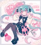  1girl ahoge black_bow black_bowtie black_shoes black_skirt black_thighhighs blue_eyes blue_hair blush_stickers bow bowtie closed_mouth collared_shirt commentary double-parted_bangs fanqiealxe frilled_pillow frilled_skirt frills full_body hair_between_eyes hands_up hatsune_miku heart heart-shaped_pillow heart_ahoge highres long_hair long_sleeves looking_at_viewer pillow procreate_(medium) shirt shoes skirt solo star-shaped_pupils star_(symbol) suspender_skirt suspenders symbol-only_commentary symbol-shaped_pupils thighhighs twintails vocaloid white_shirt 