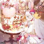  1girl animal_ears blue_eyes bow box box_of_chocolates copyright_name dairoku_ryouhei dress envelope hair_bow hat heart index_finger_raised lipstick long_hair long_sleeves makeup marshmallow_alamode mini_hat pink_bow rabbit_ears red_hat shichimi solo table tilted_headwear 
