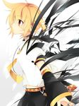  bad_id bad_pixiv_id blonde_hair darkness highres kagamine_len leeannpippisum male_focus necktie ponytail profile red_eyes ribbon shadow solo vocaloid wings yellow_neckwear 