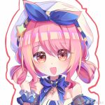  1girl :d arm_garter artist_name bare_shoulders beret blue_bow blue_bowtie blue_wrist_cuffs bow bowtie bubbly_voyage_(infinity_nikki) changmian_xingren chinese_commentary commentary_request curly_sidelocks frilled_wrist_cuffs frills hair_bow hair_rings hand_up hat hat_ornament infinity_nikki light_blush looking_at_viewer neck_ruff nikki_(nikki) nikki_(series) open_mouth outline pink_eyes pink_hair pink_outline portrait sidelocks simple_background smile solo star_(symbol) star_hat_ornament star_pendant straight-on strapless watermark weibo_watermark white_background white_hat wrist_cuffs 