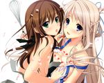  2girls blonde_hair brown_hair cherry cleavage food green_eyes hatsukoi_1/1 iizuki_tasuku koizumi_amane long_hair makabe_midori naked_apron petals purple_eyes tokizaki_maya 