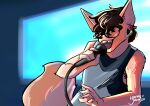  absurd_res anthro ear_piercing ear_ring ears electronics eyewear fluffy glasses hair hands hi_res hornyjohnnyart male male/male microphone mouth open_mouth piercing ring_piercing singer singing solo tail 