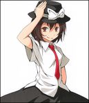  bad_id bad_pixiv_id ballpoint_pen_(medium) border bow brown_eyes brown_hair hand_on_headwear hat hat_bow looking_at_viewer marker_(medium) necktie pastel_(medium) s-syogo shikishi shirt short_hair short_sleeves simple_background smile solo touhou traditional_media usami_renko white_background white_bow 