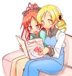  blonde_hair blue_dress book bow breasts cake couch dress drill_hair drooling fashion food fruit hair_bow large_breasts long_hair long_sleeves mahou_shoujo_madoka_magica maiku multiple_girls open_mouth ponytail red_eyes red_hair sakura_kyouko shirt sitting smile strawberry tomoe_mami twin_drills twintails yellow_eyes 