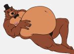 5_fingers anthro bear belly belly_grab big_belly black_eyebrows black_nose blojack_(artist) blue_eyes bow_tie brown_body brown_fur claws clothed clothing deep_navel eyebrows fingers five_nights_at_freddy's freddy_(fnaf) fur grey_claws happy hat headgear headwear hi_res huge_belly looking_at_viewer lying male mammal navel nipples on_back pink_nipples scottgames simple_background smile solo teeth top_hat underwear white_background