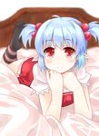  aa-rance bad_id bad_pixiv_id bed blue_hair blurry blush depth_of_field hair_bobbles hair_ornament looking_at_viewer lying on_stomach original pointy_ears red_eyes smile socks solo striped striped_legwear twintails 