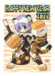  1girl 2022 animal_ears animal_print armor armored_boots artist_name black_bodysuit blue_eyes bodysuit boots border breasts chinese_zodiac covered_navel exoskeleton fake_animal_ears fake_tail fighting_stance full_body gauntlets happy_new_year highres legs_apart looking_at_viewer mace medium_breasts new_year original parted_lips purple_hair solo spiked_mace spikes standing tail tiger_ears tiger_print tiger_tail weapon white_border year_of_the_tiger yuichirou 