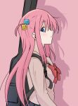  1girl blue_eyes bocchi_the_rock! bow bowtie brown_shirt closed_mouth commentary cube_hair_ornament from_side gotoh_hitori guitar_case hair_ornament instrument_case long_hair long_sleeves looking_at_viewer looking_to_the_side misono_(misono_ttt) pink_background pink_hair profile red_bow red_bowtie school_uniform shadow shirt shuka_high_school_uniform sideways_glance simple_background solo straight_hair upper_body 