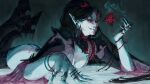 1girl armor ass black_hair blood blood_splatter blue_lips breasts clawed_boots clawed_gauntlets commentary crazy_eyes crazy_grin crazy_smile dark_eldar elbow_spikes eldar elf english_commentary evil_grin evil_smile grin hair_weapon highres long_hair pointy_ears red_eyes smile sooniel spiked_armor spiked_gauntlets spiked_legwear spiked_legwear_garter spikes thighs warhammer_40k wych 