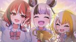  3girls artist_request black_hair blonde_hair bow bowtie closed_eyes commentary_request double_bun fang hair_bun hair_ornament hairclip heart heart-shaped_pupils holding holding_trophy kitsunebi_youko long_hair looking_at_viewer mole mole_under_eye multicolored_hair multiple_girls official_art open_mouth red_bow red_bowtie red_eyes red_hair sharp_teeth shirt smile striped_bow striped_bowtie striped_clothes sweater_vest symbol-shaped_pupils teeth trophy upper_body v virtual_youtuber white_hair white_shirt yamiyo_mea yellow_sweater_vest yomi_haruka zonchuu_zombie_jk_wa_game_haishinchuu 