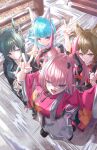  4girls absurdres alternate_costume angelina_(arknights) animal_ear_fluff animal_ears arknights arknights:_endfield black_horns black_kimono black_sash blue_eyes blue_streaks breasts clenched_hand covered_horns day demon_girl demon_horns diamond-shaped_pupils diamond_(shape) diamond_in_eye dot_nose dragon_girl dragon_horn dragon_horns ema fox_ears fox_girl from_above gilberta_(arknights) green_hair green_horns hair_intakes hair_on_horn hakama hakama_skirt highres horns japanese_clothes kimono large_breasts last_rite_(arknights) long_hair long_skirt long_sleeves looking_at_viewer medium_breasts multicolored_hair multicolored_horns multiple_girls new_year obi outdoors pink_horns pink_kimono pointy_ears red_eyes red_kimono sash selfie short_eyebrows skirt smile ssss22snake streaked_hair symbol-shaped_pupils two-tone_horns v white_skirt xaihi_(arknights) yvonne_(arknights) 