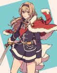  1girl :| aiguillette arm_at_side badge belt belt_buckle black_hairband black_jacket black_skirt blonde_hair blue_background buckle clenched_hand closed_mouth commentary cowboy_shot fur-trimmed_jacket fur_trim hair_between_eyes hairband hiramoto_(shir_gn_9) holding holding_sword holding_weapon jacket jacket_on_shoulders long_hair long_sleeves looking_at_viewer miniskirt red_eyes red_jacket red_sash rope saijou_claudine sash shoujo_kageki_revue_starlight shoulder_sash single_horizontal_stripe skirt solo star_(symbol) striped_clothes striped_skirt sword tassel two-tone_background v-shaped_eyebrows waist_cape wavy_hair wavy_sidelocks weapon white_background white_trim yellow_belt 