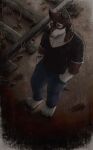 2021 absurd_res anthro bracelet canid canine canis clothed clothed_male clothing dated echo_(game) echo_(series) echo_project hands_in_both_pockets hi_res jewelry leo_alvarez male male_anthro mammal outside railway_track red_wolf solo standing wolf y0ku_drake