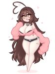  absurdres ahoge bandaid bandaid_on_face bandaid_on_knee bandaid_on_leg bandaid_on_nose bare_shoulders black_choker breasts brown_eyes brown_hair choker cleavage commentary english_commentary heart heart-shaped_lock heart_ahoge heart_choker highres huge_ahoge indie_virtual_youtuber large_breasts limebreaker long_hair long_sleeves open_mouth oversized_clothes short_shorts shorts simple_background sky_above_me_(vtuber) very_long_hair white_background 
