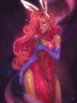  1girl alternate_skin_color animal_ear_hairband animal_ears breasts cinnabarbie commentary dark-skinned_female dark_skin dress elbow_gloves eyeshadow fake_animal_ears gloves hair_over_one_eye hairband highres holding holding_microphone jessica_rabbit long_hair makeup medium_breasts microphone purple_eyeshadow purple_gloves rabbit_ear_hairband rabbit_ears red_dress red_hair red_lips side_slit solo strapless strapless_dress very_dark_skin who_framed_roger_rabbit 