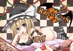  ass blonde_hair blue_eyes blush book breasts cake candy checkered checkered_background cleavage collarbone cookie food fruit halloween hat hat_ribbon head_rest holding holding_book kirisame_marisa large_breasts long_hair looking_at_viewer lying masa_(miyabitei) mouth_hold on_stomach open_book panties pocky ribbon solo strawberry striped striped_legwear thighhighs touhou underwear witch_hat 