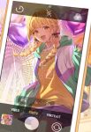  1girl balloon black_ribbon blonde_hair blue_skirt braid cellphone cellphone_photo chapuding commentary fang ferris_wheel fujita_kotone gakuen_idolmaster hair_ribbon heart_balloon highres idolmaster jacket long_hair long_sleeves multicolored_jacket outdoors phone pleated_skirt ribbon shirt skirt smartphone solo twin_braids yellow_eyes yellow_shirt 