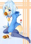  bell blue_eyes blue_hair bottomless crossdressing doraemon doraemon_(character) dorayaki food food_in_mouth hood hoodie looking_at_viewer male male_focus on_floor personification solo su-suke tail thighhighs trap wagashi 