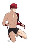  1boy adjusting_clothes boxer_briefs brown_eyes commentary_request emiya_shirou fate/grand_order fate_(series) frown full_body gyogyo_hjj highres kneehighs kneeling korean_commentary male_focus male_underwear navel penis red_hair senji_muramasa_(fate) sideways_glance socks solo stirrup_footwear toned toned_male twitter_username underwear 