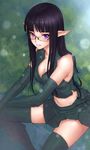  bad_id bad_pixiv_id black_hair blush breasts cleavage elbow_gloves elf glasses gloves green_legwear highres long_hair looking_at_viewer medium_breasts midriff ml.e open_mouth original pointy_ears purple_eyes solo thighhighs 