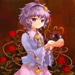  bad_hands bad_id bad_pixiv_id flower hairband heart holding komeiji_satori messy_hair pink_eyes purple_hair red_flower red_rose rose short_hair solo third_eye touhou uma_(ninjin_misaki) 