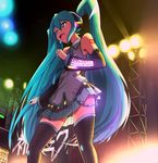  aqua_eyes aqua_hair character_name concert detached_sleeves hatsune_miku headset highres long_hair necktie open_mouth sasuke(stc) skirt solo stage thighhighs twintails very_long_hair vocaloid 
