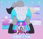 1990s_theme absurd_res all_fours ambiguous_gender anthro app apple_inc. backwards_baseball_cap backwards_hat band-aid band-aid_on_face band-aid_on_leg band-aid_on_nose bandage bandage_on_face bandage_on_nose baseball_cap black_body black_ear_tips black_fur black_nose black_tail_tip blue_band-aid blue_headphones butt butt_shot calculator canid canine canis clean_diaper clock clothed clothing cloud crt_effect detailed_background diaper dipstick_ears dipstick_tail ear_markings electronics facebook facebook_messenger facetime full-length_portrait fur green_band-aid grey_body grey_ears grey_fur grey_inner_ear hair hat headgear headphones headwear hi_res iconography jacket jupiters kota_(wittlewolfykota) leg_markings looking_at_viewer looking_back looking_back_at_viewer looking_back_through_legs mammal markings mountain multicolored_body multicolored_clothing multicolored_ears multicolored_fur multicolored_hat multicolored_jacket multicolored_topwear notes pattern_diaper portrait presenting presenting_diaper presenting_hindquarters purple_band-aid rear_view red_hair retro sea smile socks_(marking) solo spiral sun tail tail_markings telegram telegram_logo tongue tongue_out topwear two_tone_tail water wearing_diaper wearing_hat whisker_spots window_(computing) wolf