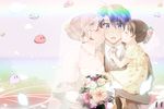  blue_hair bouquet brown_hair carrying clannad closed_eyes dango_daikazoku dress family flower formal furukawa_nagisa happy_birthday kuro_haruka_8 okazaki_tomoya okazaki_ushio purple_eyes short_hair suit veil wedding_dress 