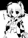  ai_takurou apron bell blush checkered checkered_shirt clothes_writing greyscale hair_bell hair_ornament jingle_bell looking_at_viewer monochrome motoori_kosuzu shirt short_hair smile solo touhou translation_request two_side_up 