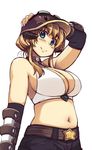  bare_shoulders baseball_cap blonde_hair blue_eyes breasts choker cleavage elbow_gloves gloves hat horns large_breasts midriff navel ragnarok_online short_hair sideboob sidelocks simple_background smile solo white_background whitesmith xration 